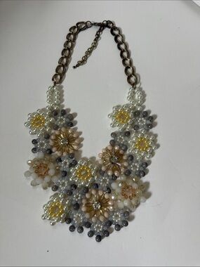 Floral Beaded Statement Necklace in White, Gold & Gray